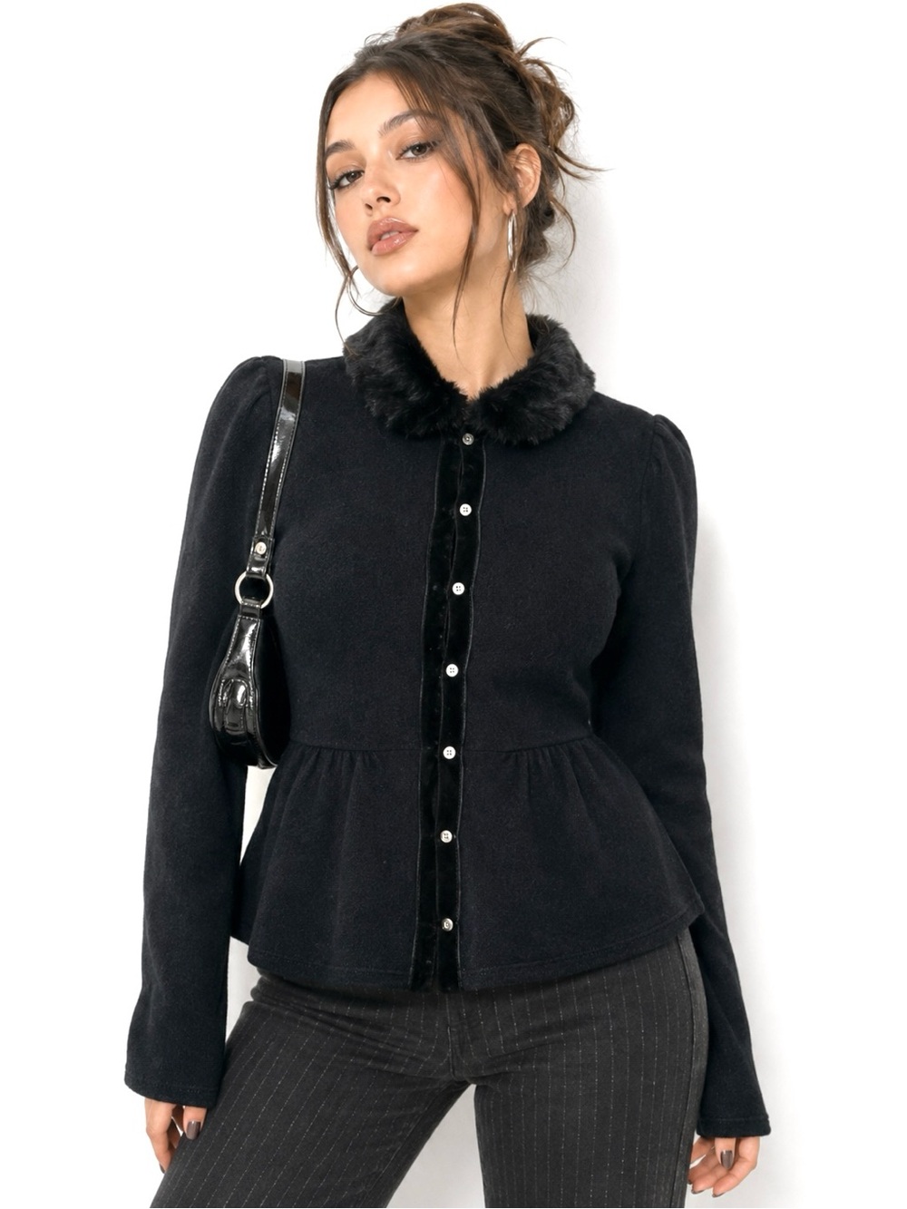 Whimsigoth Y2K Fur Mock Neck Peplum Cardigan Witchy Wool Angora Cozycore Baddie
